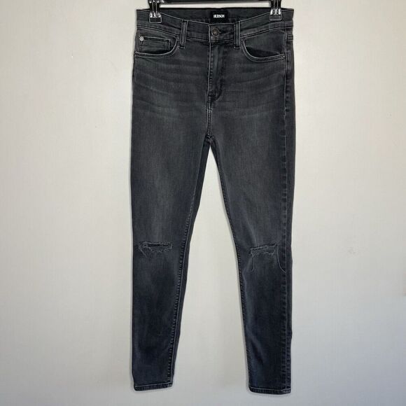 HUDSON Blair Super Skinny Jeans Women 27 Black Rip Knee Stretch - Picture 1 of 13
